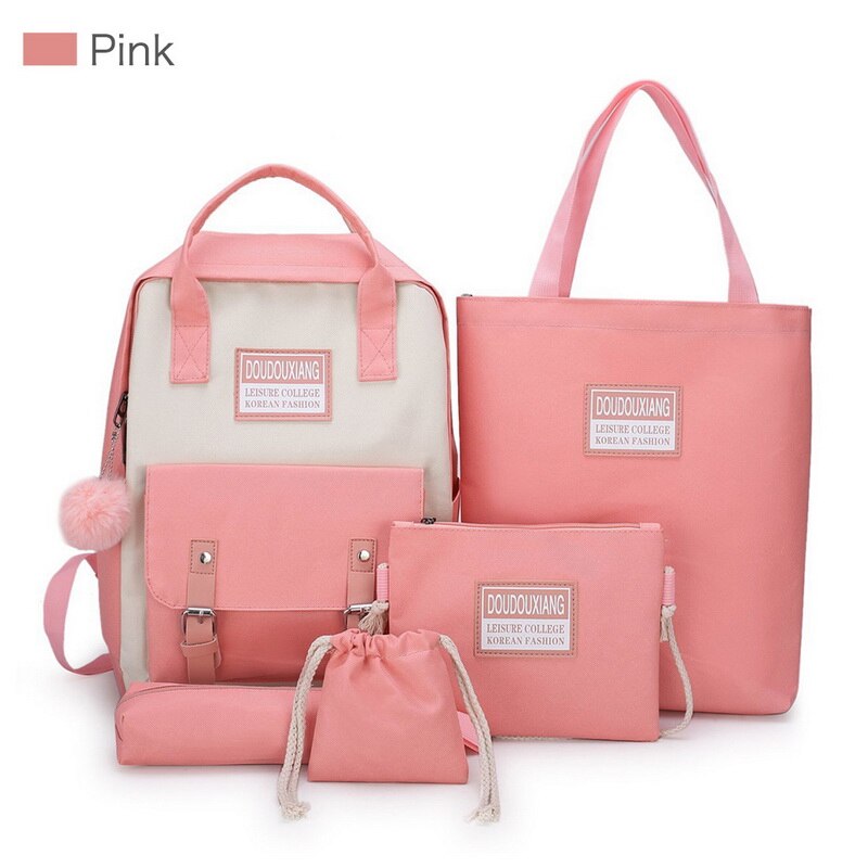 5 pçs/set mulheres mochila adolescente meninas corrente usb sacos de lona mochilas bolsa ombro feminino estudante sacos escola borla: 5pcs Pink