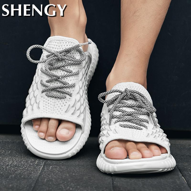 Herr sandaler snörning mesh öppen tå sandaler herr andas mjuka plattform tofflor herr sommar utomhus manligt märke