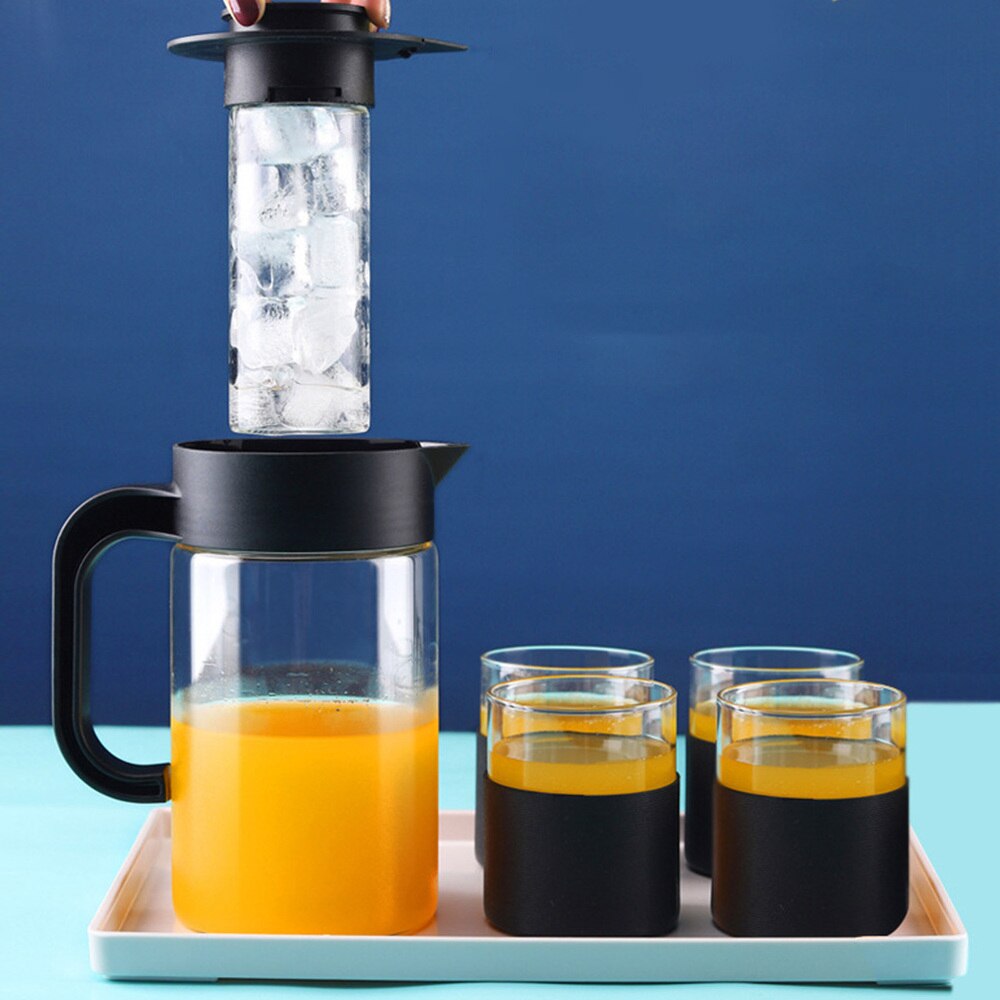 1pc Glass Water Jug Glass Water Pitcher Large Capacity Water Jug Handle Tea Pot for Office Home Shop: Black