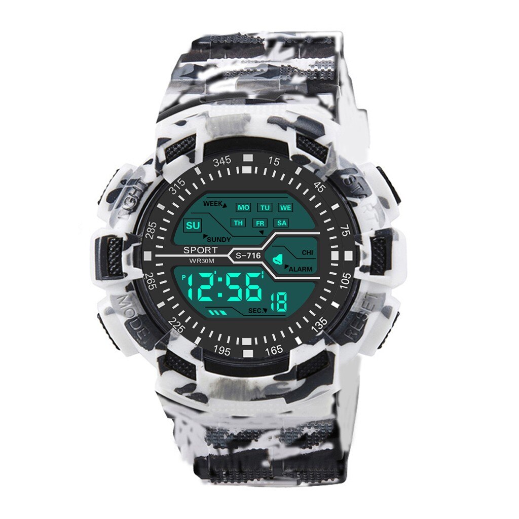 Reloj led deportivo multifuncional para adultos, resistente al agua, cronómetro Digital LCD, fecha, reloj de pulsera deportivo de goma: White