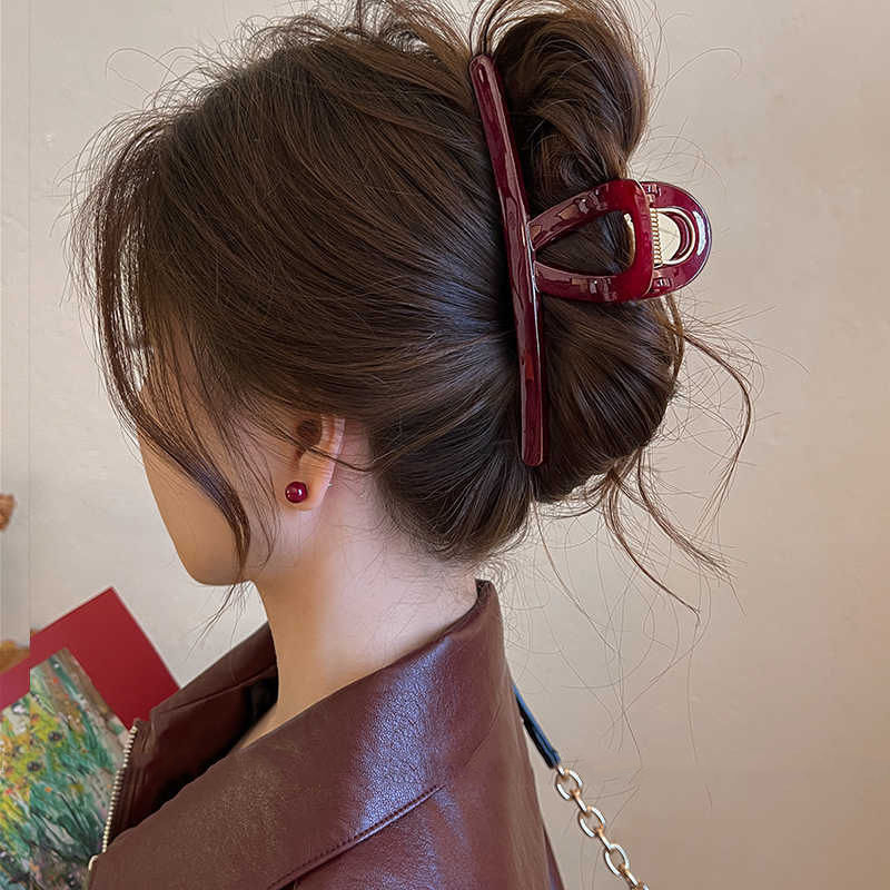 Pinzas para el cabello grandes de Color rojo oscuro para mujer, pasadores, horquillas, pinzas para el cabello de cola de caballo de plástico, accesorios para el cabello de tiburón para niñas mayores: Rojo