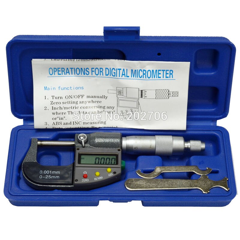 Merkki digitaalinen mikrometri 0-25mm 0.001mm metrin/tuumainen elektroninen ulkopuolella micrometro kovametalli kärki