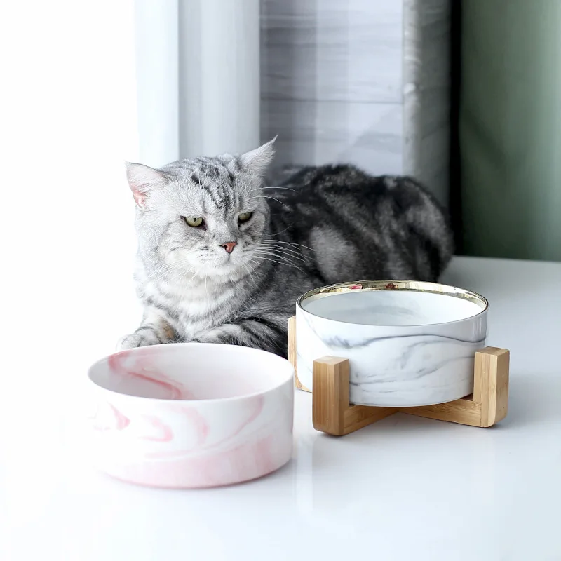 Tigela de cerâmica marmorizada para gatos, com suporte de madeira, tigelas duplas para alimentos, água, cachorros pequenos, suprimentos de alimentação elevados