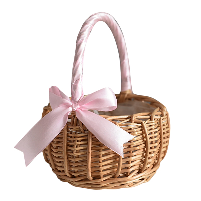 Wicker Woven Flower Basket, With Handle Wedding Flower Girl Baskets, For Home Garden Decoration: Pink / L