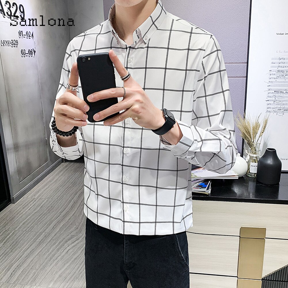 Samlona fritidsskjorte menn sommer rutete skjorter lange armer topper bluse koreansk stil menn single breasted skjorte herre klær