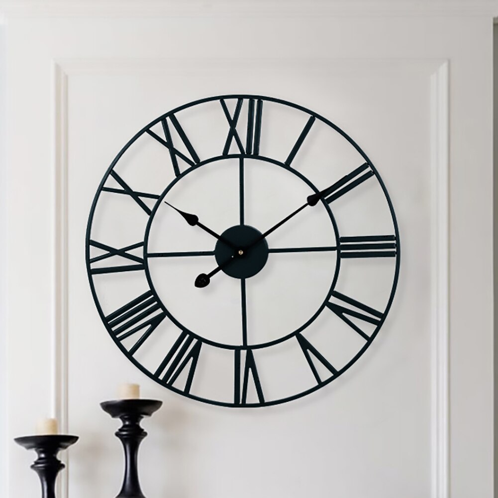 Retro Roman Numeral Wall Clock Crafts Ornaments Iron Black 40cm Retro Large Living Room Office Art Wall Home Decorative