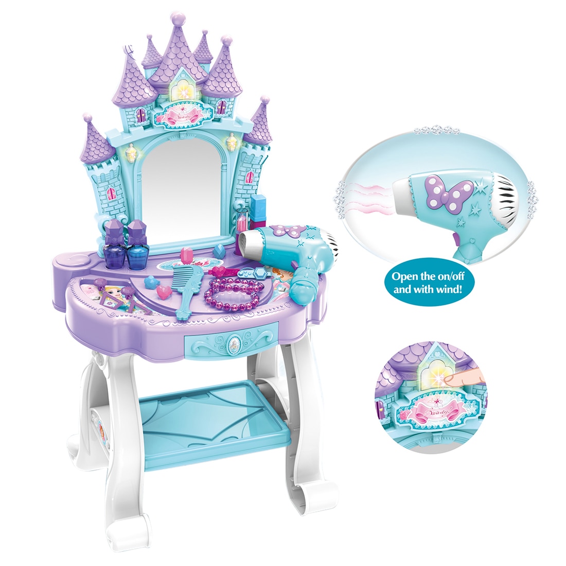 17Pcs Kinderen Pretend Play Romantische Kasteel Kaptafel Speelgoed Met Licht En Geluid Maken Up Speelgoed Voor Meisjes Verjaardag -Blauw