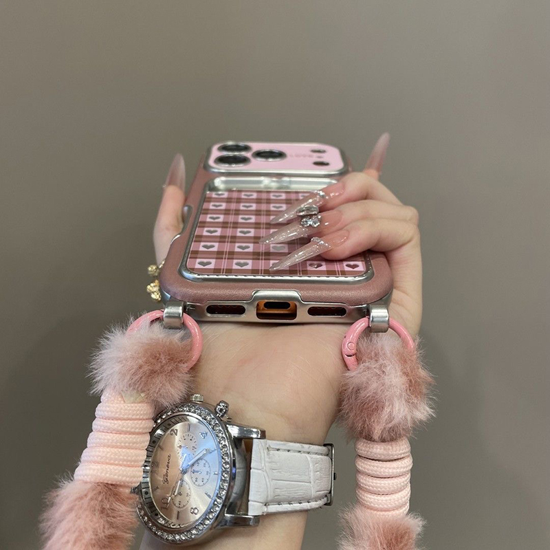 Chic Plaid Heart Silver Mirror Case for iPhone 17 Pro Max 16 15 14 Pro 13 Card Holder Cartoon Phone Case With Fur Lanyard