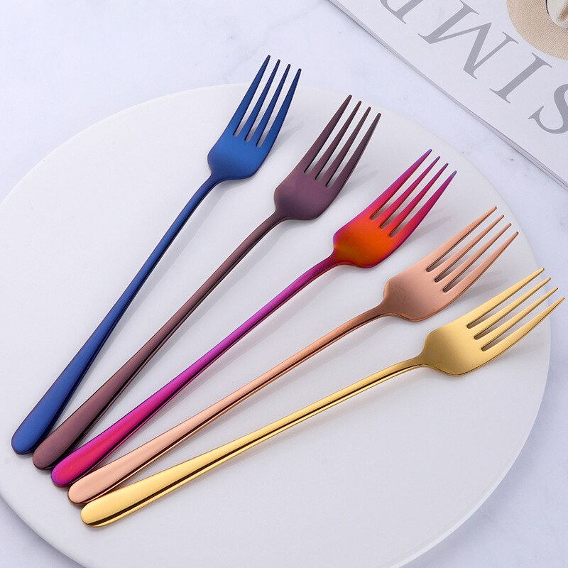 Roestvrij Staal Diner Vork Korea Kleurrijke Dessert Vork Lange Handvat Goud Blauw Zwart Vork Set voor Hotel Party