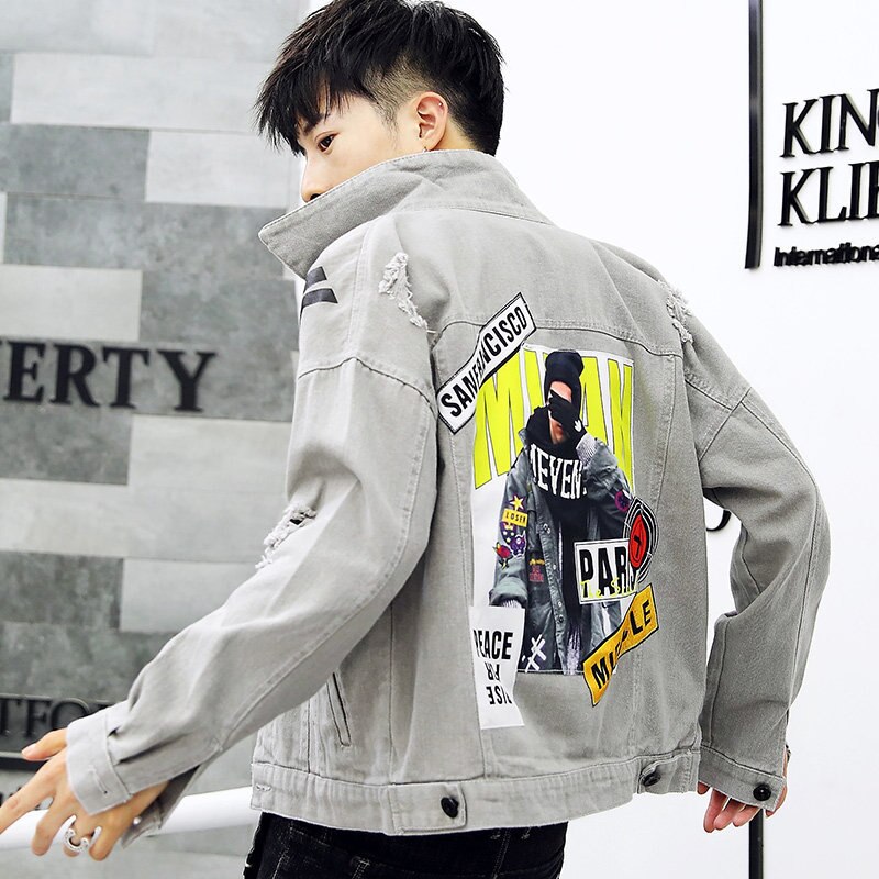 Fall teenagers denim jacket male student trendy handsome clothes teenager denim jacket boys Korean men's jacket coat: Gray / XXXL