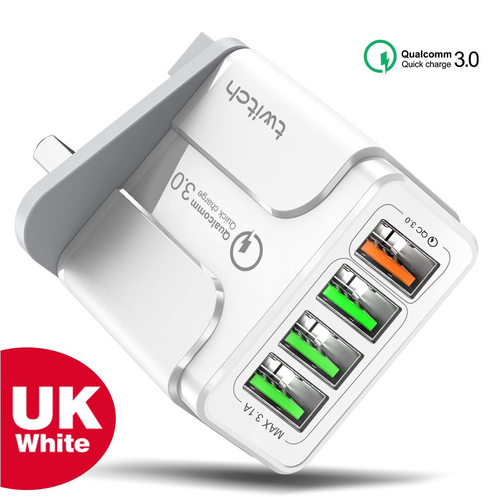 Twitch 3A Quick Charge 3.0 USB Charger EU Plug 4 Ports LED Wall Charger For iPhone XR MAX Fast Charging Head For Samsung Xiaomi: UK White