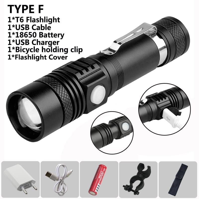 Powerful 6000ml T6 Flashlight Aluminum Waterproof Zoomable Mini Flashlight 18650 Rechargeable For Camping charging lamp: TYPE F