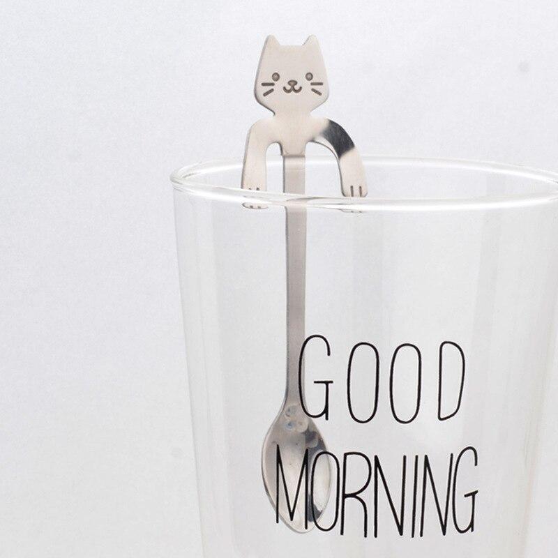 Stainless Steel Cat Bear Coffee Spoons Strring Spoon Long Handle Teaspoon Tea Spoon Dessert Scoop Tableware Gold Cutlery: silver cat