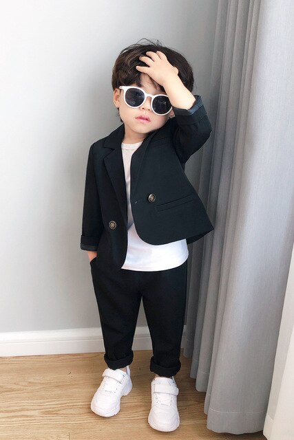 Bruiloft Jongen Kostuum Blazer Broek 2 Stuk Jurk Kinderen Jongen Trouwpak Herfst Kids Jongen Pak Outfit Set: Black / 15