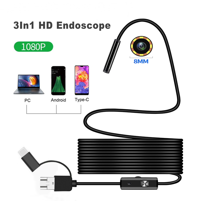Caméra endoscopique 1080P, 720P, serpent, tuyauterie industrielle, Endoscope, Inspection de voiture, 3 en 1, pour Android, Pc, Usb, Type C