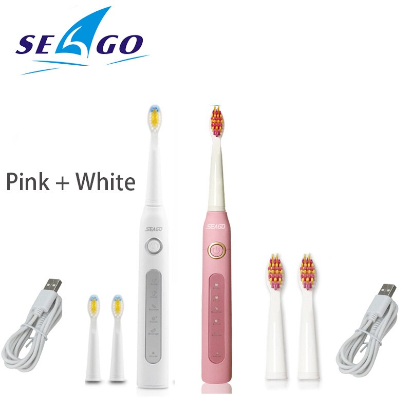 Seago Sonic Toothbrush Electric USB Rechargeable Waterproof Replacement Brush Head Best: white and pink