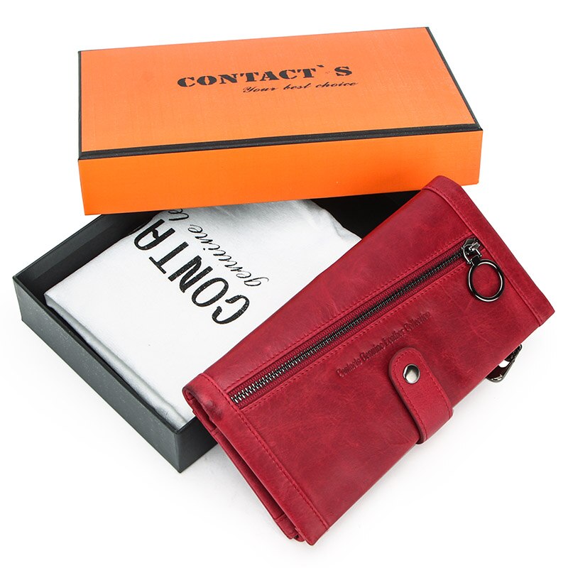 CONTACT'S 100% Genuine Leather Men Wallet Multifunction Long Purse with Coin Pocket Zipper Cartera Male Card Holder Rfid Wallets: Red Box