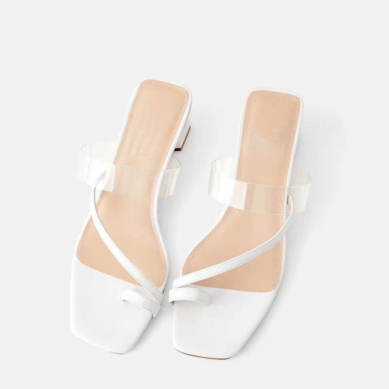 Sommar dam sandaler kvadrat tå med klack dam skor med genomskinlighet pvc bälte flip flop kvinnliga sandaler: Vit / 36