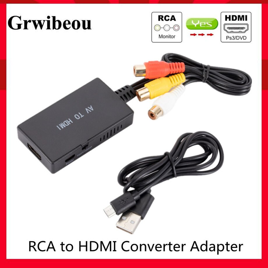 Grwibeou Rca Naar Hdmi Converter, Composiet Naar Hdmi Adapter 1080P Pal/Ntsc Compatibel Met Ps Een, PS2,PS3, Stb, Xbox, Vhs, Blu-ray Dvd