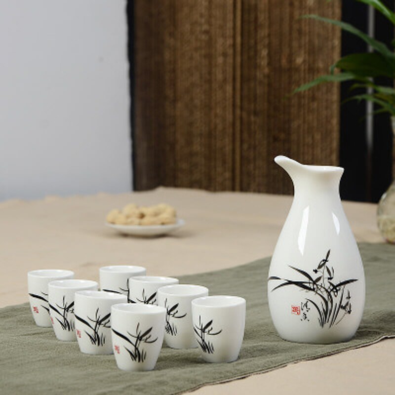 Set van 9 keramische sake potten, kannen, sterke drank, sterke drank, japanse sake wijnset, alcoholische drank, bar, drinkgerei, bekerset