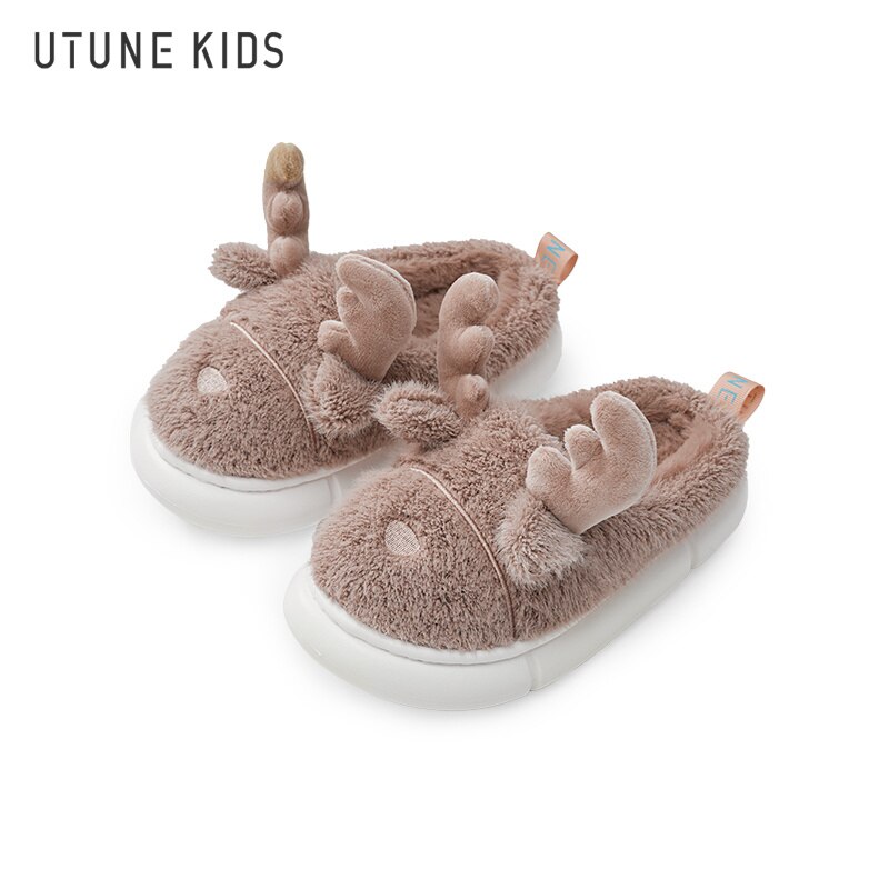UTUNE KIDS - Zapatillas de Navidad de alce para niños, zapatos esponjosos de dibujos animados para niños mayores de 2/3/4/5, Casa con plataforma cálida: Brown / 160mm(fit 145-155mm)
