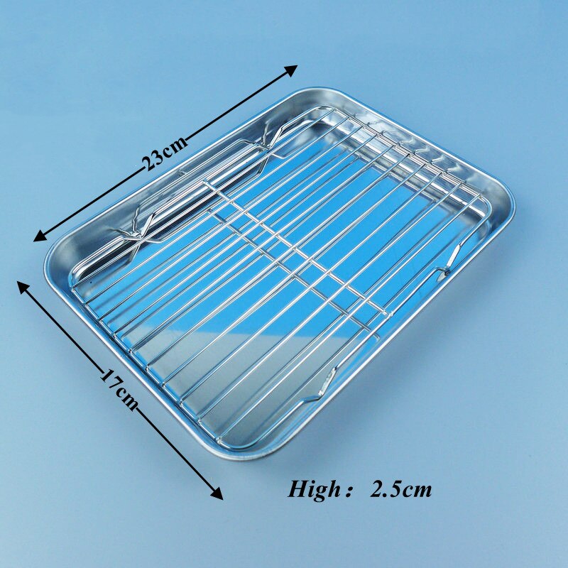 Stainless Steel Rectangle Plate with Net Rack Restaurant Fish BBQ Fried Chicken Cooling Serving Plate Skewers Seafood Tableware: Silver-23cm