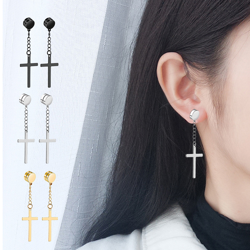 Punk hombres fuerte imán magnético Cruz oreja Stud Set pendientes no Piercing pendientes falsos para novio amante joyería