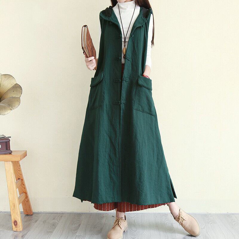 Vintage ethnique à capuche longue gilet femmes en vrac grande poche travail manuel Art grande taille sans manches veste dames Colete