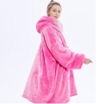 Vinter tyk comfy tv tæppe voksne børn udendørs fleece vægtede tæpper senge rejse sweatshirt solid varm hætteklædt tæppe: Lyserød