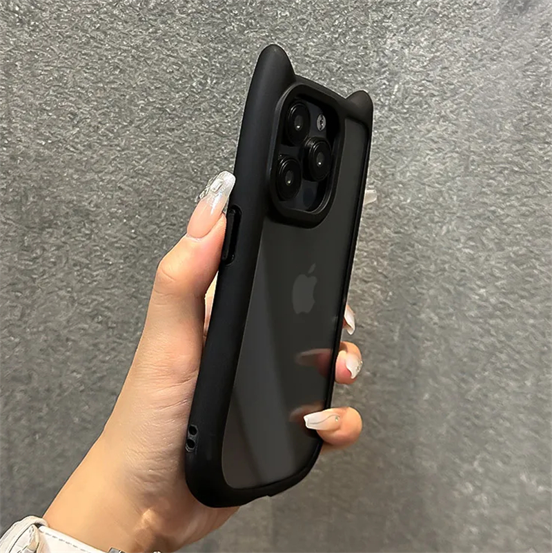 Cartoon 3D Cute Cat Ears Silicone Bumper Shockproof Phone Case For iPhone 15 14 13 12 Pro Max 11 Transparent Acrylic Hard Cover: aluminum / black