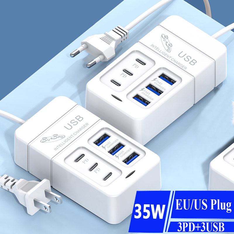 6 -poorts usb-oplader, 35w pd type-c snellader, wandtelefoonadapter, snellader, 3.0 usb-hubs met eu-stekker en us-stekker.