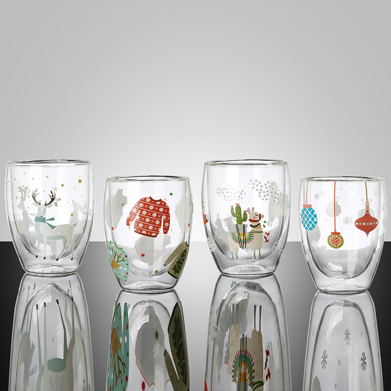 Jultryck glas mugg handtag dubbelskikt isolering tjock glas kopp jul dekor muggar hem vatten koppar värmebeständigt