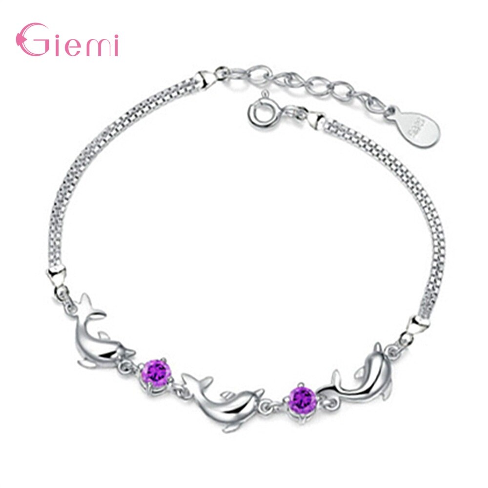 Creatieve 925 Sterling Zilveren Dolfijn Armbanden Armbanden Voor Vrouwen Meisje Armband Charm Vriendschap Zirconia Armband Sieraden: Purple