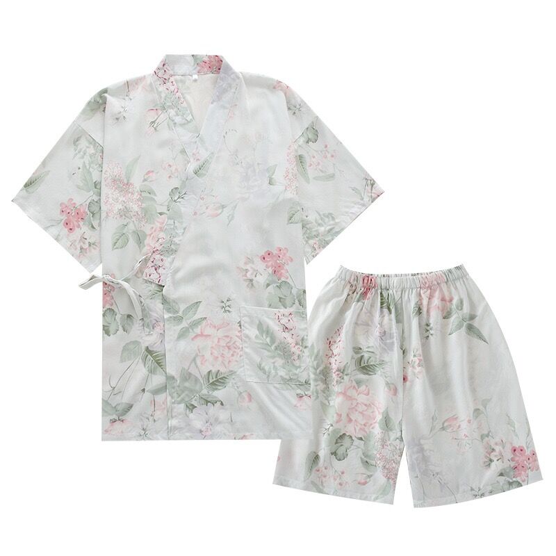 Zomer Japanse Stijl V-hals Pyjama Set Comfort Gaas Katoen Korte Mouw + Shorts 2 Stuks Homewear Vrouwen Zoete casual Wear: green floral / L