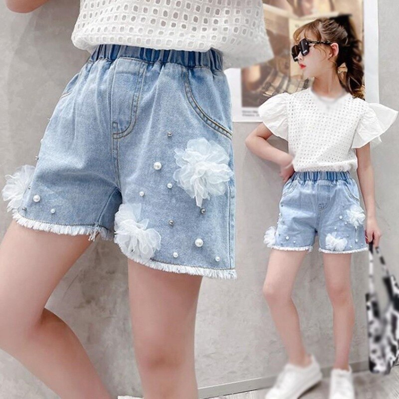 Baby Meisje Jeans Prinses Elastische Taille Parel Kant Bloem Denim Shorts Party Kid Kinderen Zomer Kleding Voor Meisje
