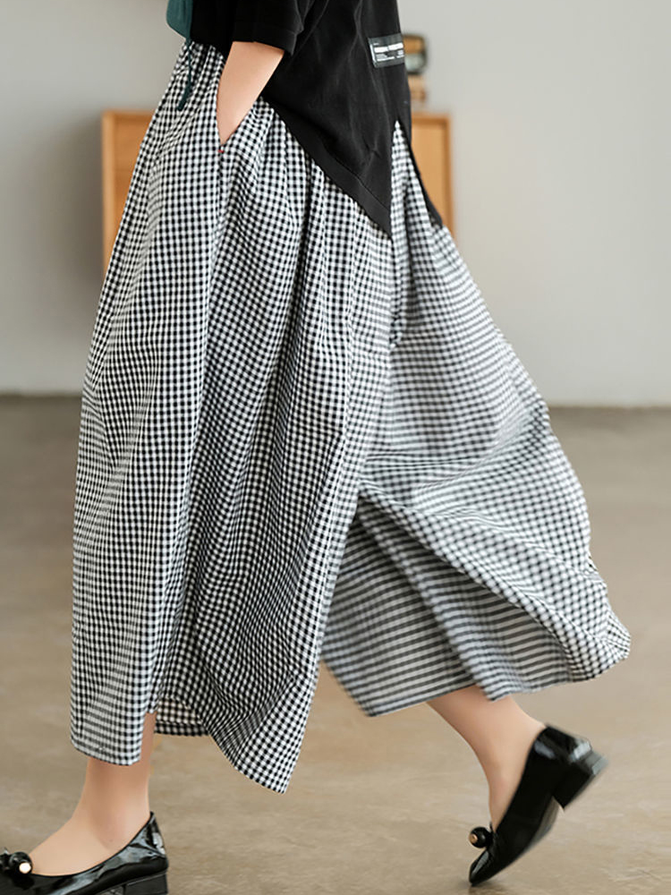 Woman Dress Plaid Pants Thin Cotton Linen Wide Leg Trousers Women Summer High Waist Baggy Jogger Pants Sweatpants