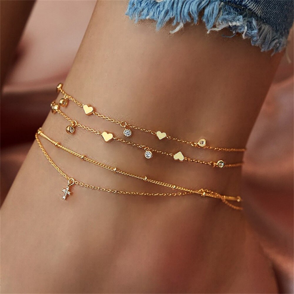 EN – Bracelet de cheville rétro pour femmes, ensemble de 4 pièces, goutte d'eau, perle, cœur, paillettes, style bohème, bijoux de plage, à la: ENS2000001773