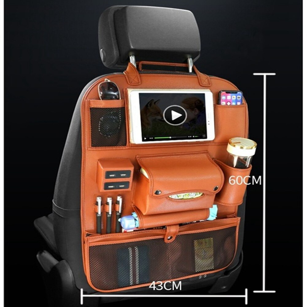 Car Storage Bag 4 USB Charger Pu Leather Travel Multifunction Pocket Stowing Tidying Car Seat Back Bag Car Organizer