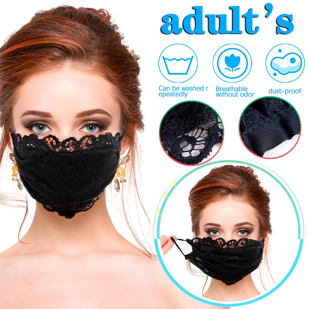 25 # Dames Zwarte Bloem Borduren Kant Masker Verstelbare Wasbare Herbruikbare Outdoor Mesh Dunne Ademende Zwarte Маски Для Лица Защи