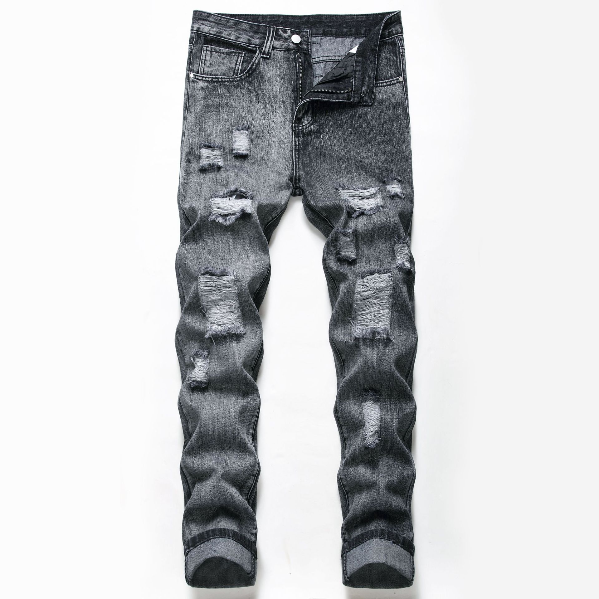 Autumn Winter Black Denim Jeans Men Hole Bleached Plus Size Ripped Full Length Straight Slim Trousers Male: 38