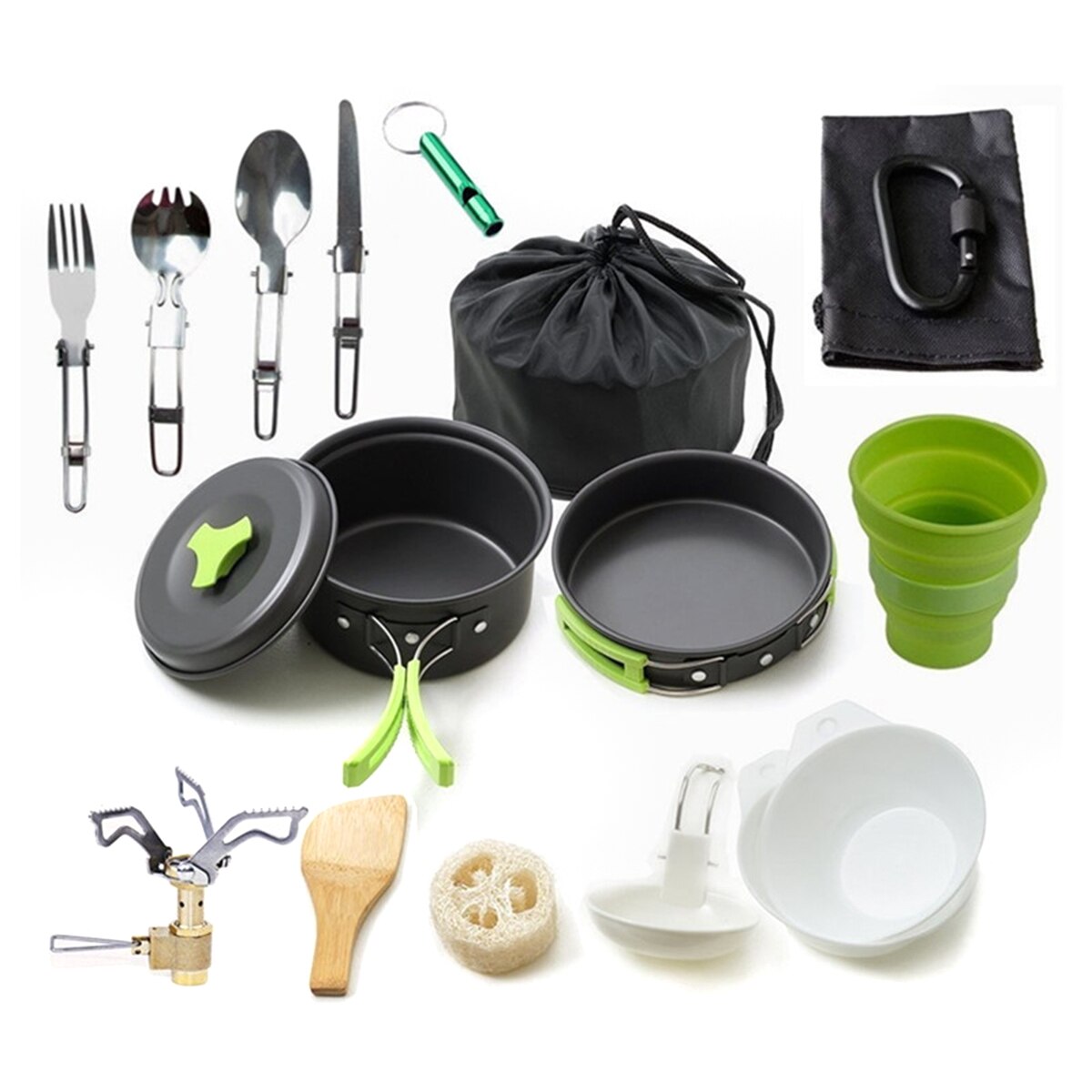 Equipo de Camping al aire libre, olla, utensilios de cocina, estufa, mosquetón, cuchillo deportivo, cuchara para acampar, senderismo, pícnic, mochilero: green