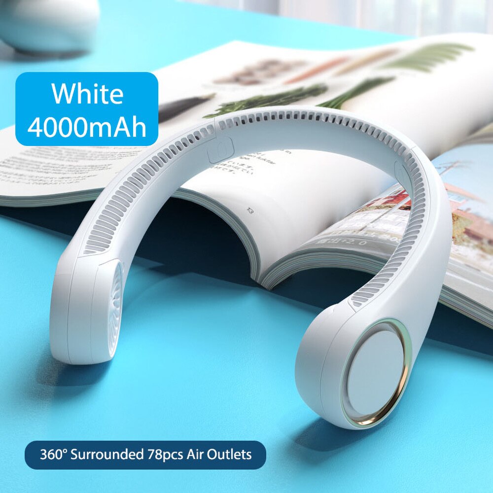 Neck Fan Rechargeable USB LED Portable Personal Cooler Hanging Neck Battery AC: white 4000 mAh