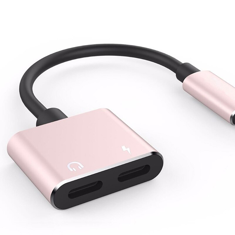 2-in-1 Male to Dual Lightning Jack Female Adapter for iPhone 7 8 12 11 Plus X Fast Charging Portable Quick Charger Audio Adaptor: Rose Gold