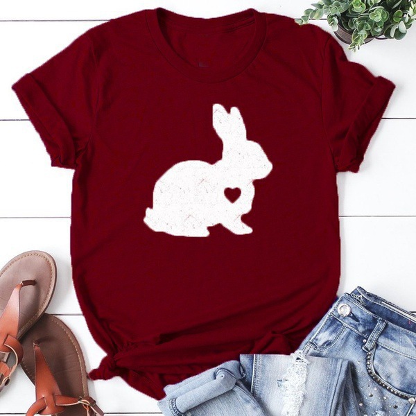 Konijn Bunny Print T Shirt Vrouwen Korte Mouw O Hals Losse T-shirt Zomer Vrouwen T-shirt Tops Camisetas Mujer: Xxxl / Bourgondië