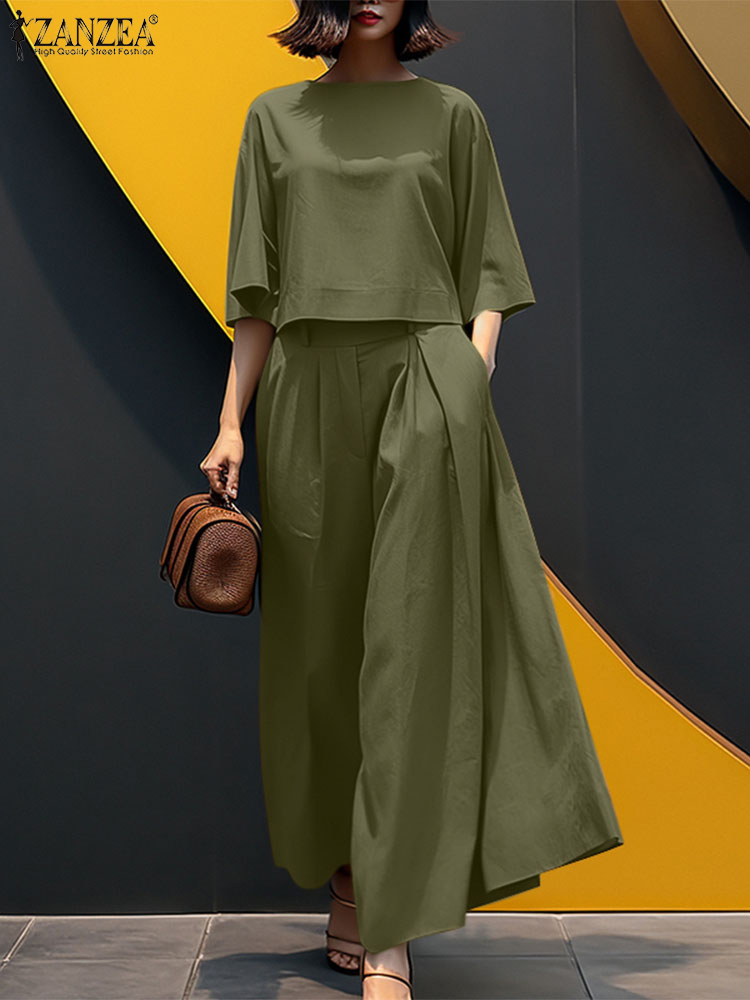ZANZEA Summer 2pcs Outfits Women Pant Sets Baggy Blouse Wide Leg Trousers Suit Solid Work Tracksuits Matching Sets