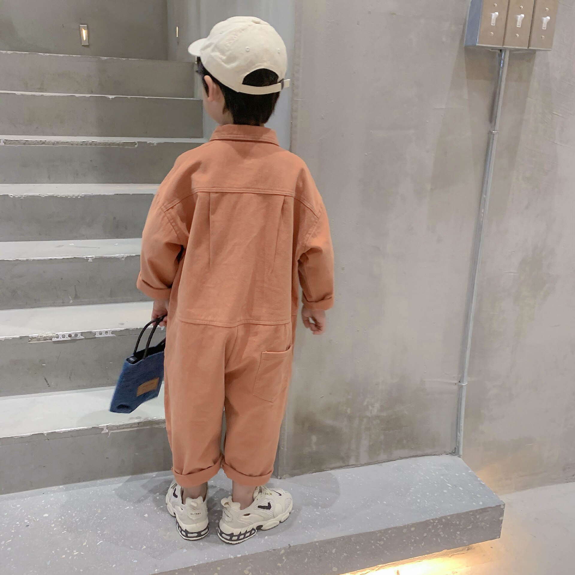 Korean style boys embroidery long sleeve one-pieces children solid color oversized jumpsuits