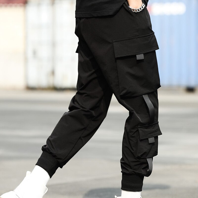 Pantalones Cargo de harén con bolsillos laterales para hombre, pantalón negro estilo Hip Hop, informal, a la , de calle,