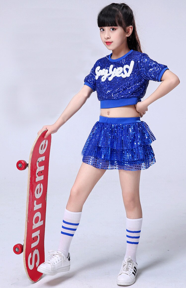 Jazz Costume Girls Blue Hip Hop Set Street Dance Performance Clothing Stage Wear Clothes Dance Costumes for Kids