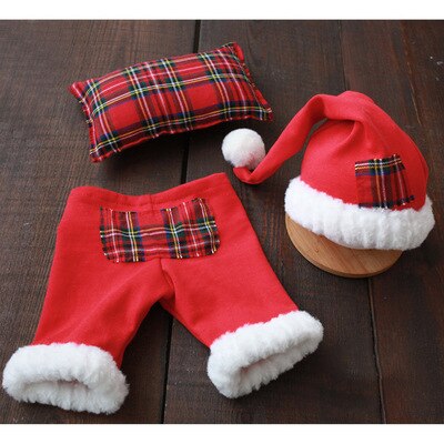 Jul baby rekvisita trä röd släde nyfödd jul outfit byxor hatt kudde uppsättning rekvisita för fotografi tillbehör pojke flicka: Byxor hatt kudde set