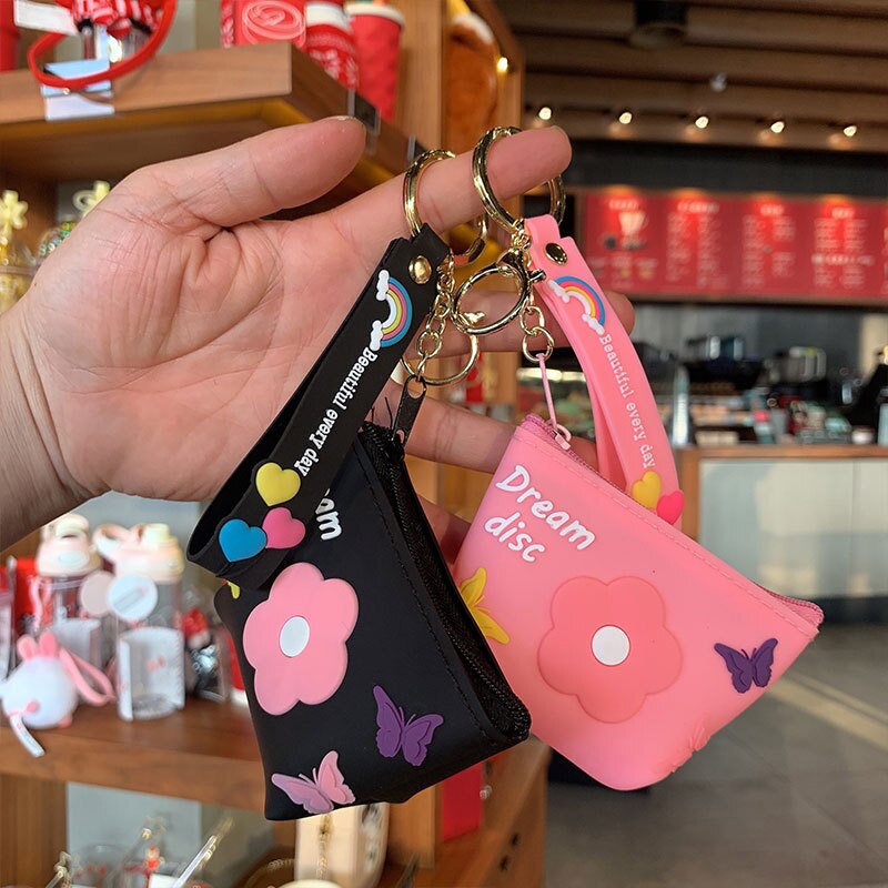 Heart-shaped Coin Purse Mini Silicone Animal Coin Purse Women Key Bag Coin Purse Kids Headset Bag Key Chain Ring: Pink bag